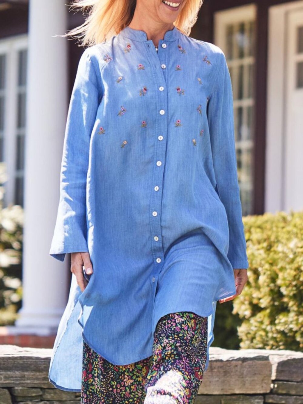 April Cornell Autumn Field Tunic chambray blue embroidered oversized long blouse
